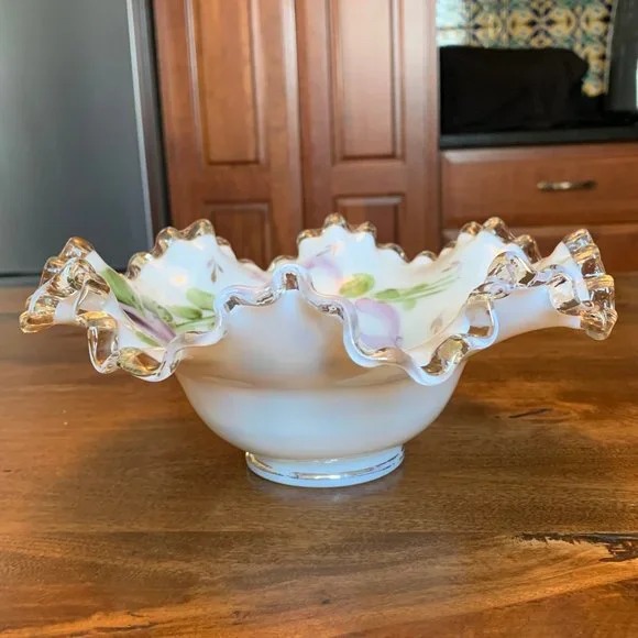 Vintage Fenton Silver Crest Crimped Edge Bowl Hand Painted with Charleton Design